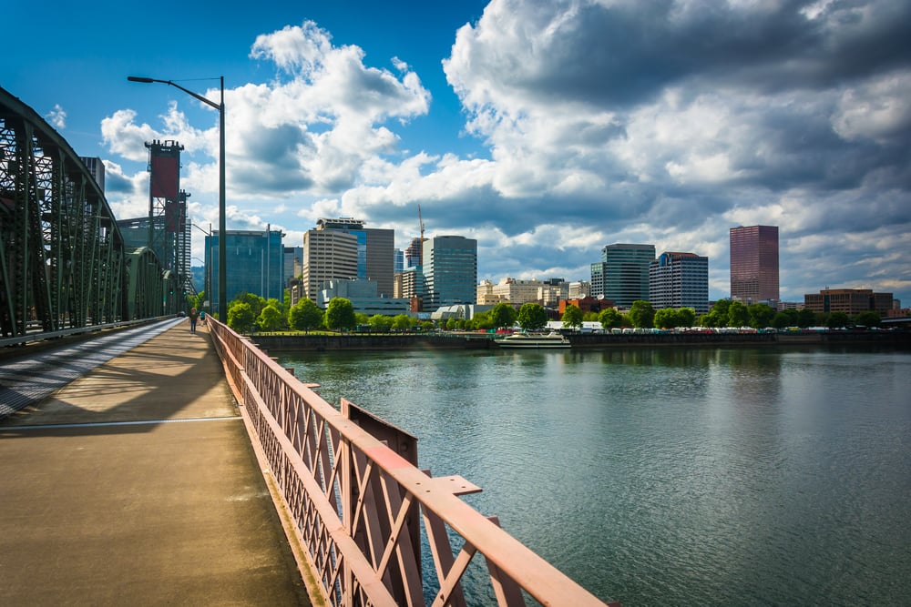 The Portland skyline and Hawthorne Bridge, in Portland, Oregon.